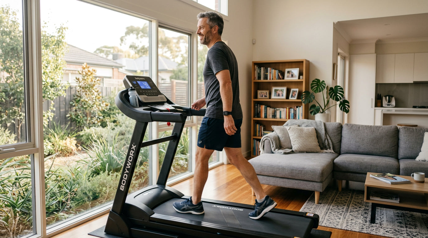 Dad walking on a Bodyworx M2 treadmill at home in Melbourne