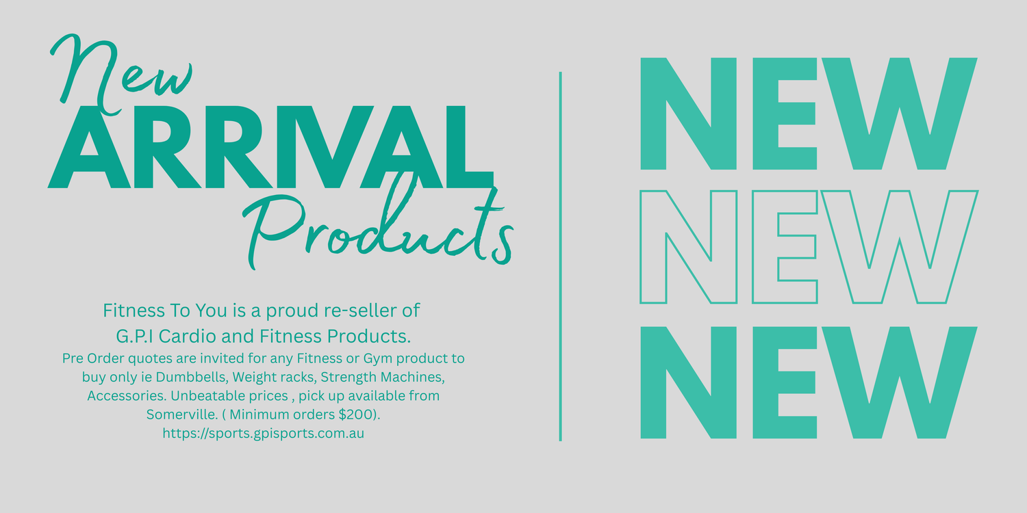 Advertisement for new fitness product arrivals with text on a light gray background